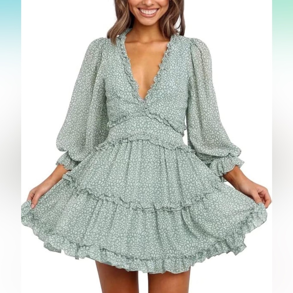 Deep-V Ruffle Floral Mini Dress - Picture 3 of 5
